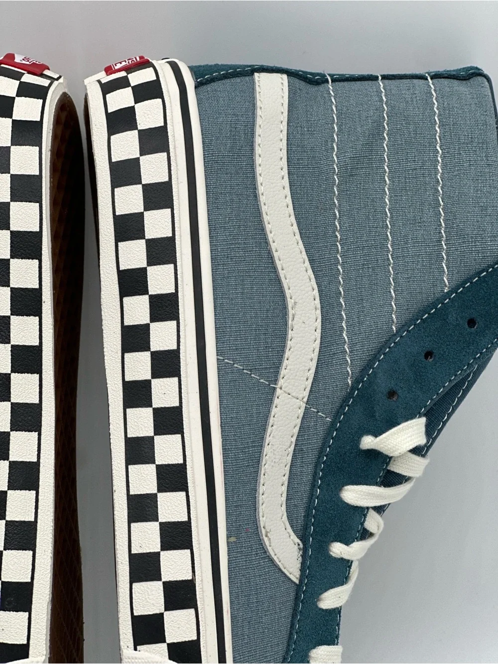 Vans Mid-Top Sneakers in Teal and White with Checkerboard Sole
